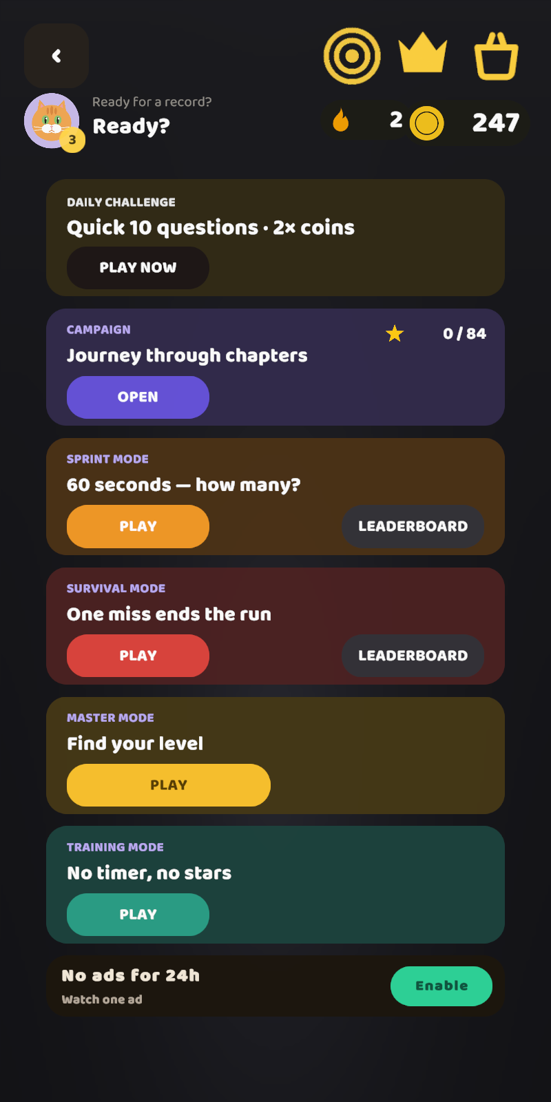 Mathspree mode select — Daily Challenge, Campaign, Sprint, Survival, Master, Training