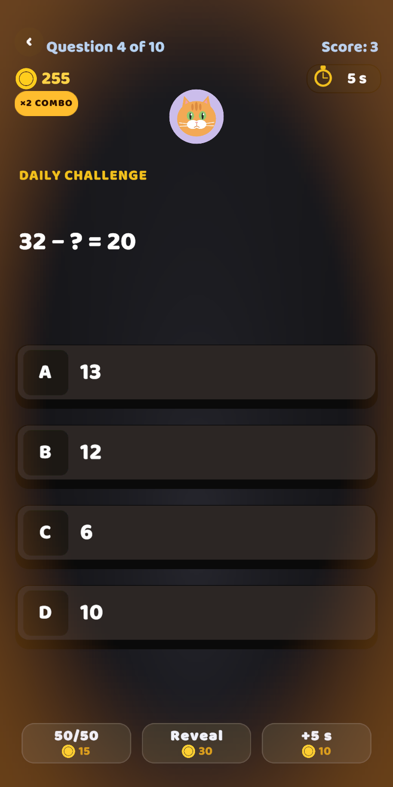 Mathspree gameplay — timed question with combo multiplier