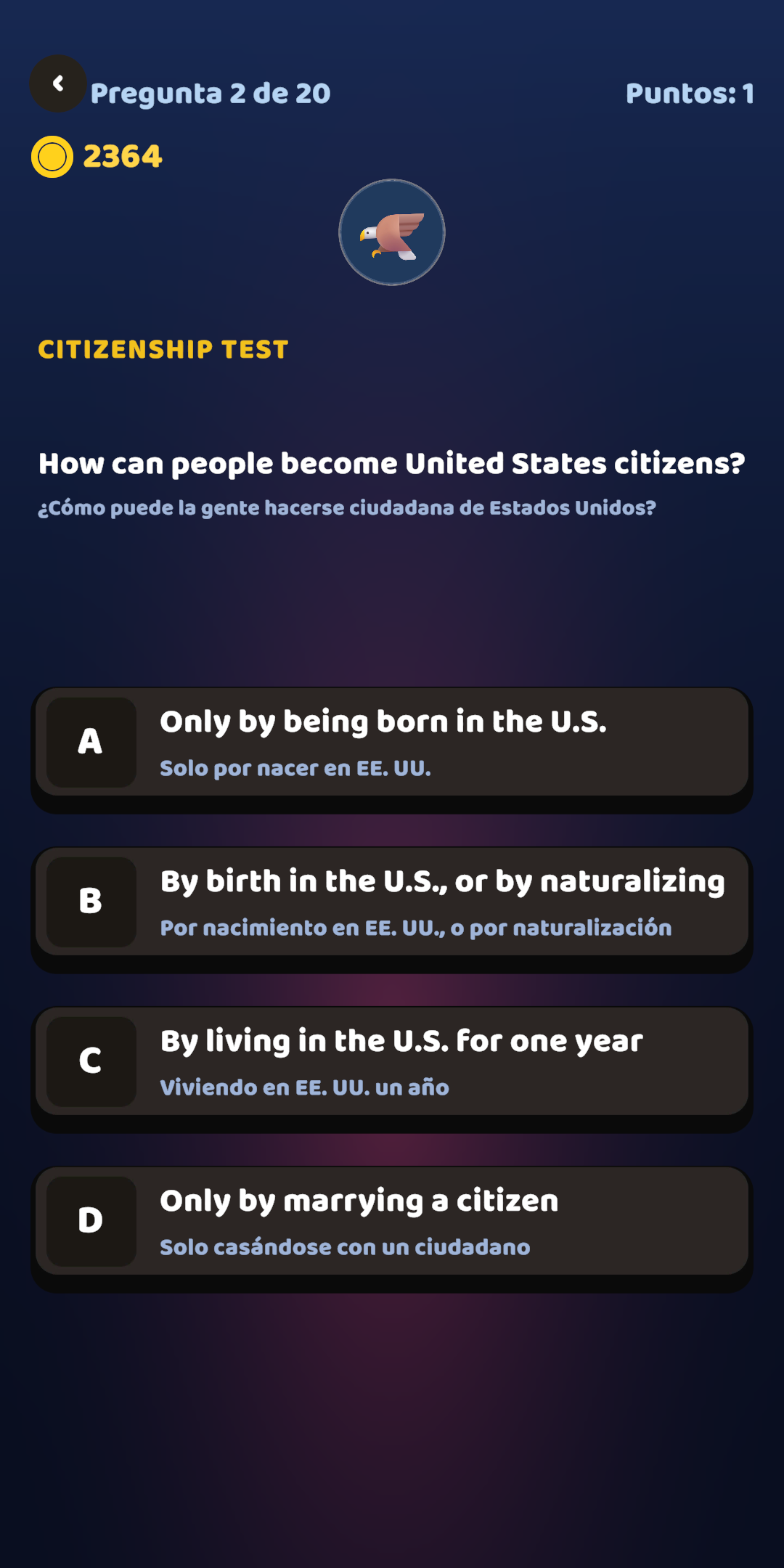 A civics question shown in English with the Spanish translation underneath each answer