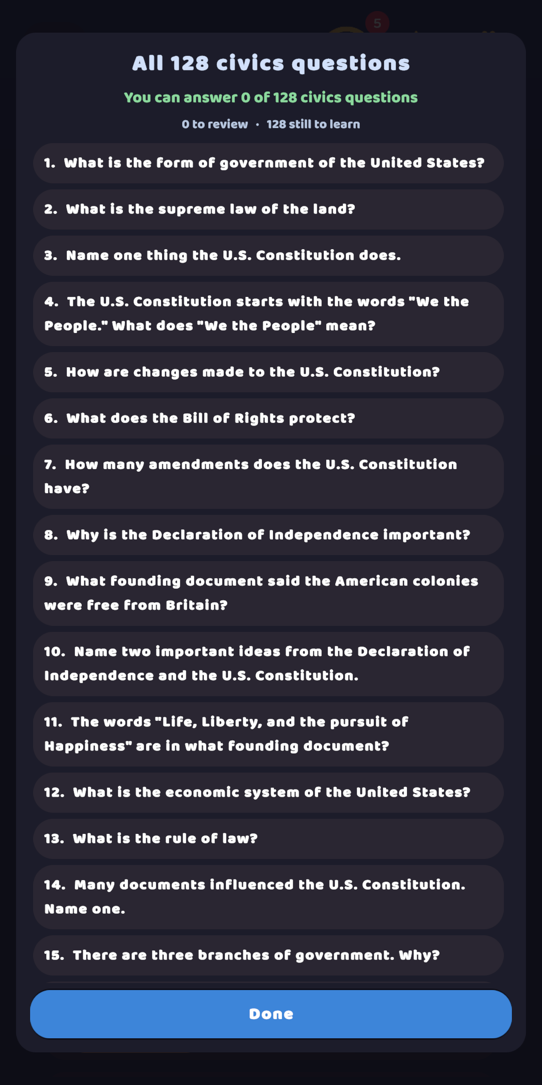 The full official civics list — all 128 questions with a count of how many you can already answer