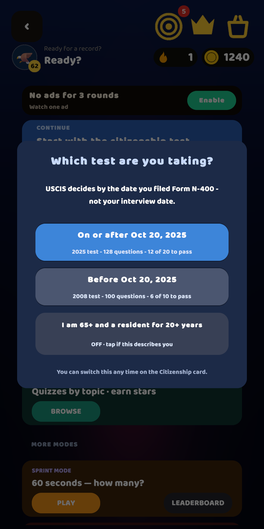 Choosing the exam version by Form N-400 filing date — 2025 test or 2008 test